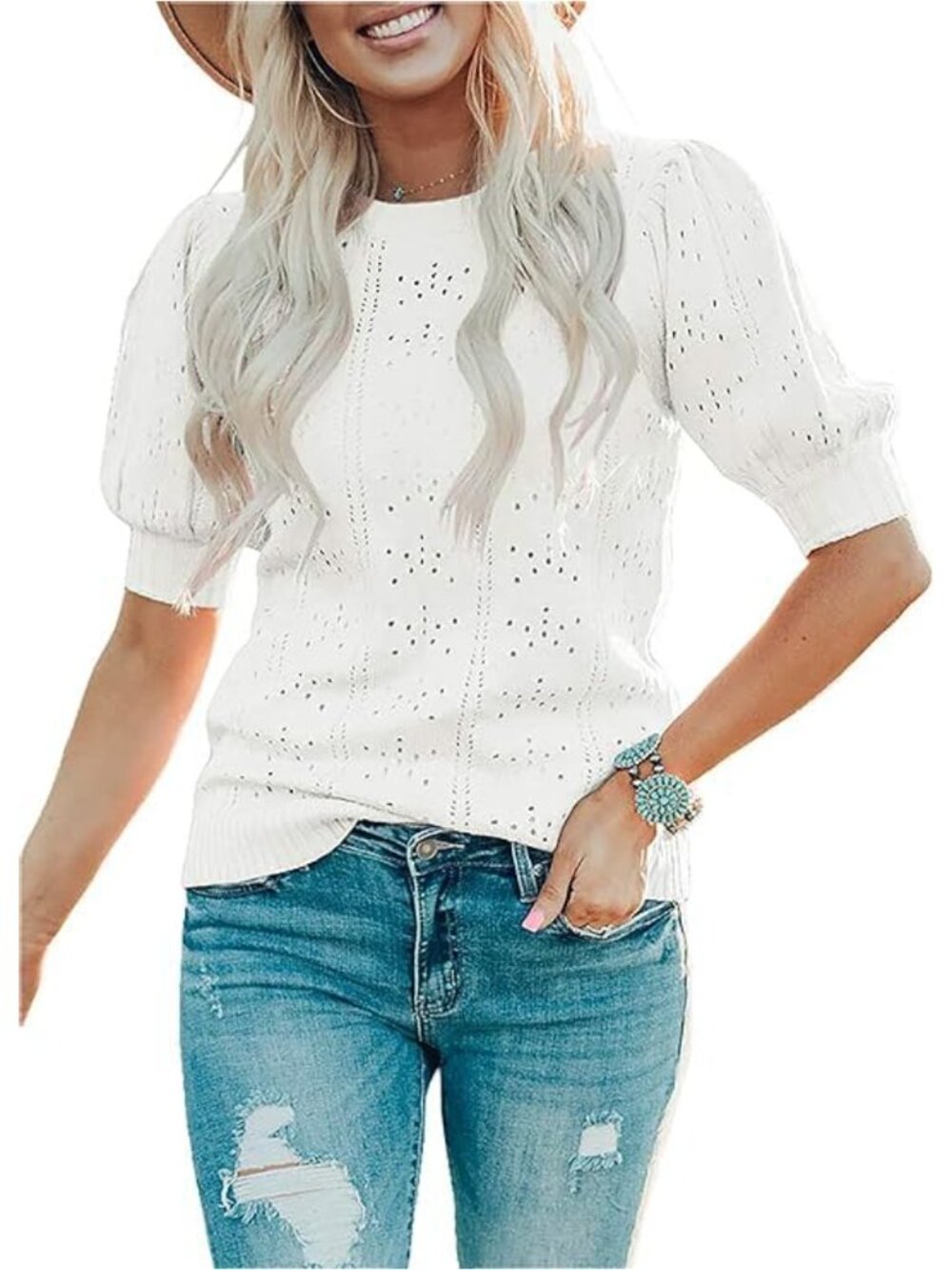 Oyamiki Womens Puff Short Sleeve Sweater Top Soft Lightweight Knit Blouse Crew